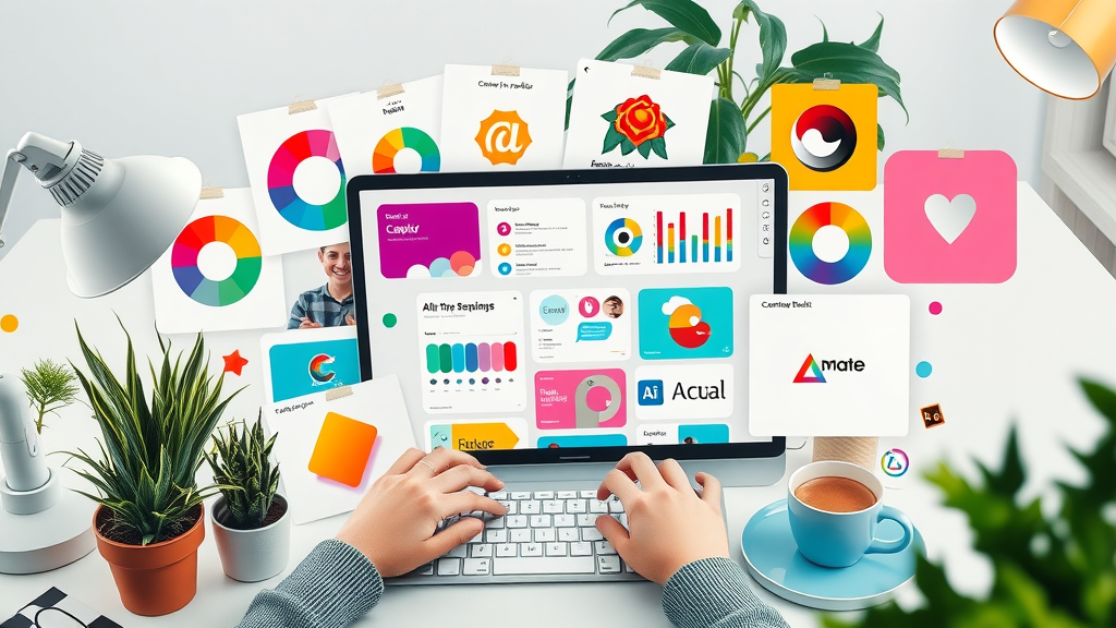 Branding Tools and Visual Resources - Modern collage of online branding tools, color wheels, logos, and creative workstation
