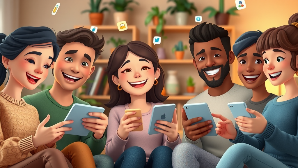diverse users engaging with personalized social media content on multiple devices, cozy home background