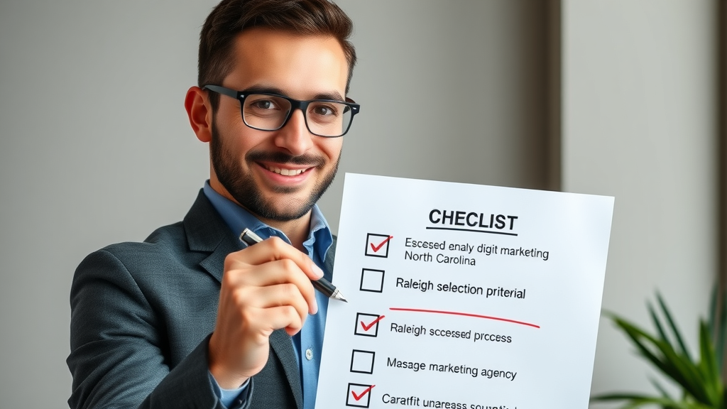 Confident Raleigh business leader marking key agency selection criteria on a checklist, representing the essential digital marketing agency hiring process in North Carolina.