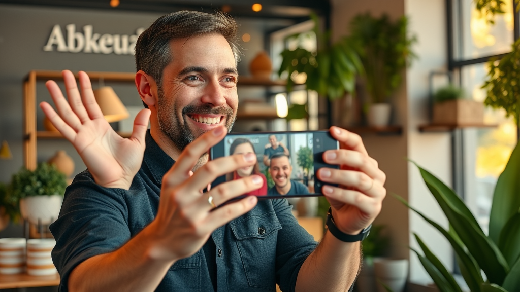 Digital Marketing for Small Business - Charismatic owner recording engaging video for social media, boutique backdrop
