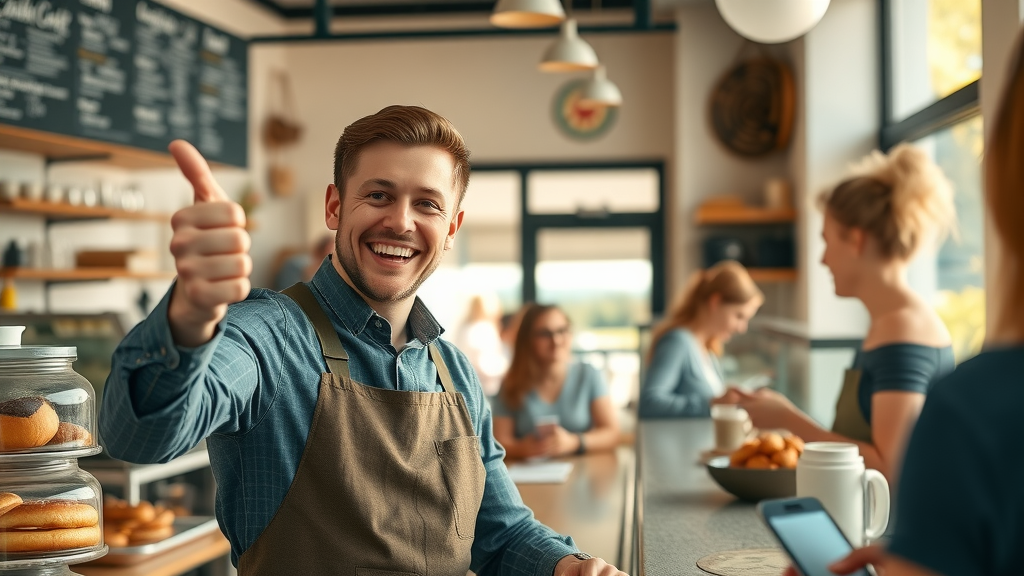 Email marketing Raleigh: Café owner celebrates sales growth in a busy Raleigh café, customer engagement