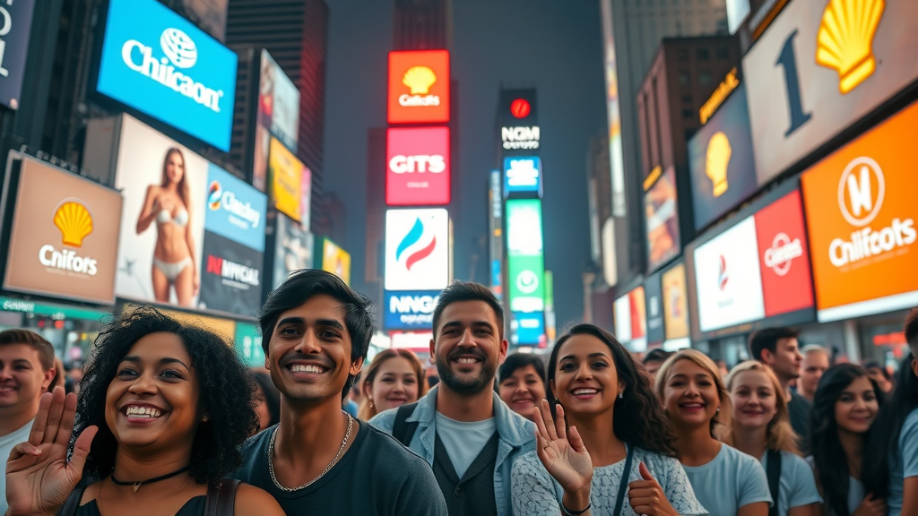 happy diverse audience engaging with digital brand visuals and building brand awareness online