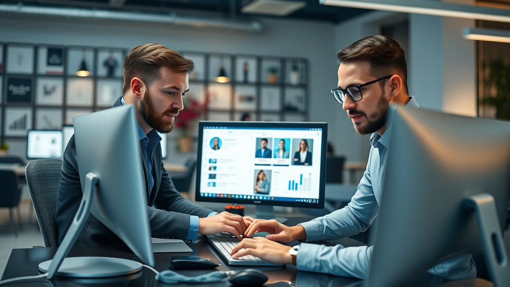 Digital Marketing for Small Business - Team building business profile on a computer in a modern collaborative workspace