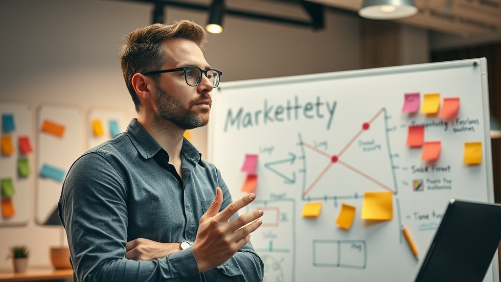 focused marketer planning online marketing strategies on a whiteboard in a creative agency setting