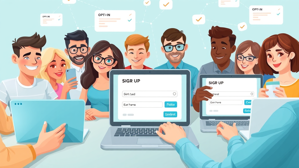 Diverse group signing up through interactive website opt-in forms for email marketing campaigns