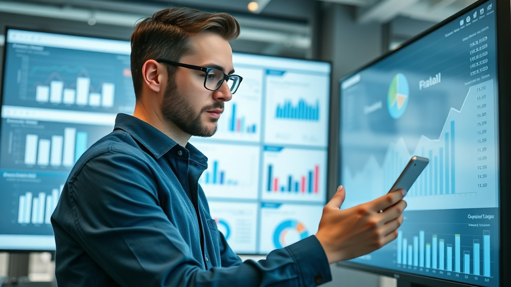 Professional marketer analyzing email marketing campaign performance metrics on a digital dashboard