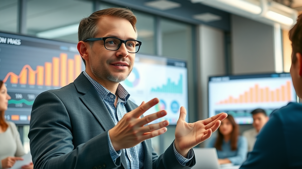 content marketing consultant demonstrating blog analytics and ROI to team