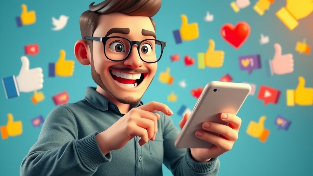 digital marketer crafting high-performing social media posts surrounded by colorful digital icons and engagement reactions
