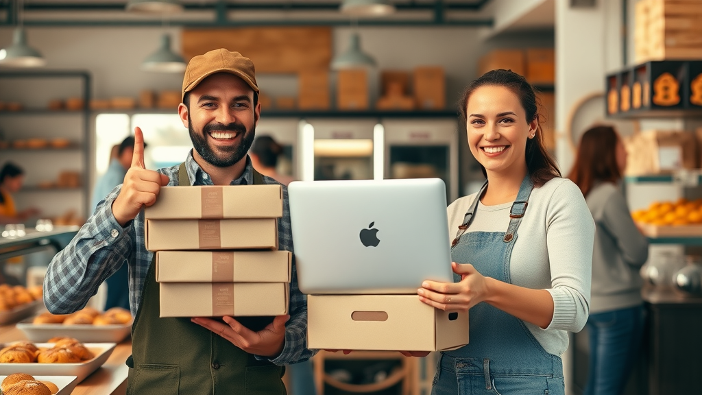 Digital Marketing for Small Business - Local bakery owners celebrating record online orders with delivery boxes