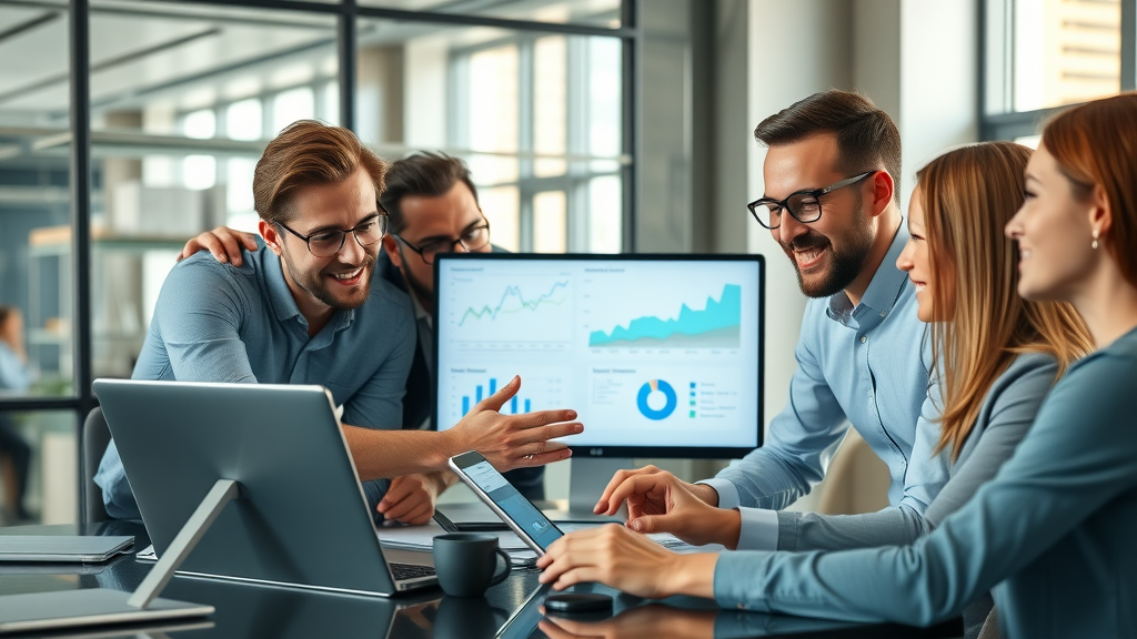 dynamic business team collaborating on online marketing strategies in a modern office with digital screens and infographics