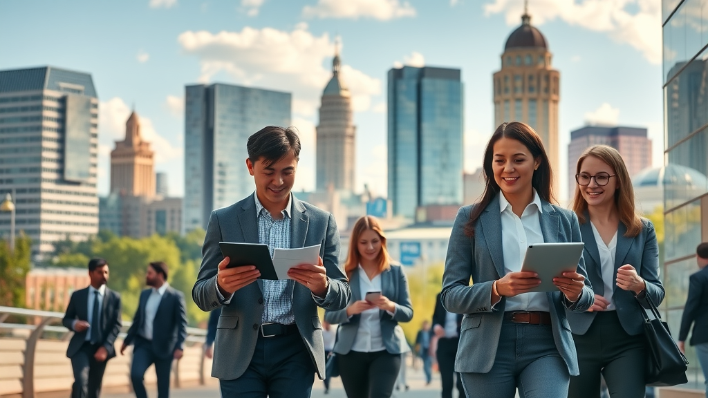 Inspiring Raleigh downtown skyline with marketing professionals analyzing data, highlighting digital marketing agencies Raleigh in a vibrant business setting.