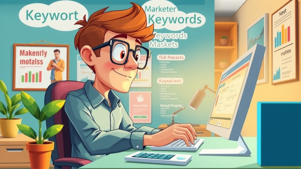SEO for small businesses focused marketer researching keywords vibrant workspace