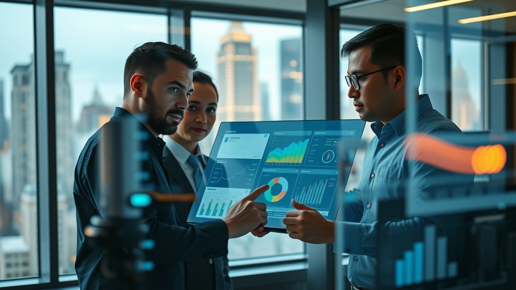 Innovative marketing team analyzing SEO data, collaborating on search engine optimization strategy in a Raleigh digital marketing agency office, with cityscape view, showing seo company expertise.