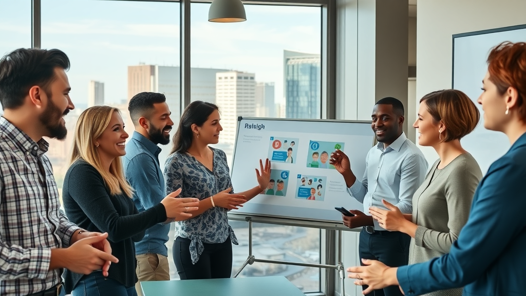 Vibrant downtown Raleigh office scene with business professionals using tablets to analyze marketing data, capturing the impact of Raleigh digital marketing agencies.