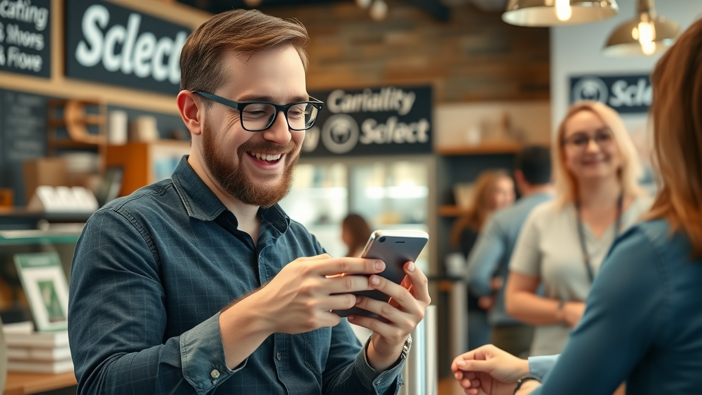 happy local raleigh business owner checking new customer leads on smartphone, customers smiling, cozy shop, digital marketing raleigh