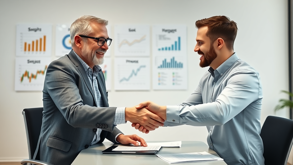 SEO for small businesses seasoned marketing consultant and business owner shaking hands in conference room