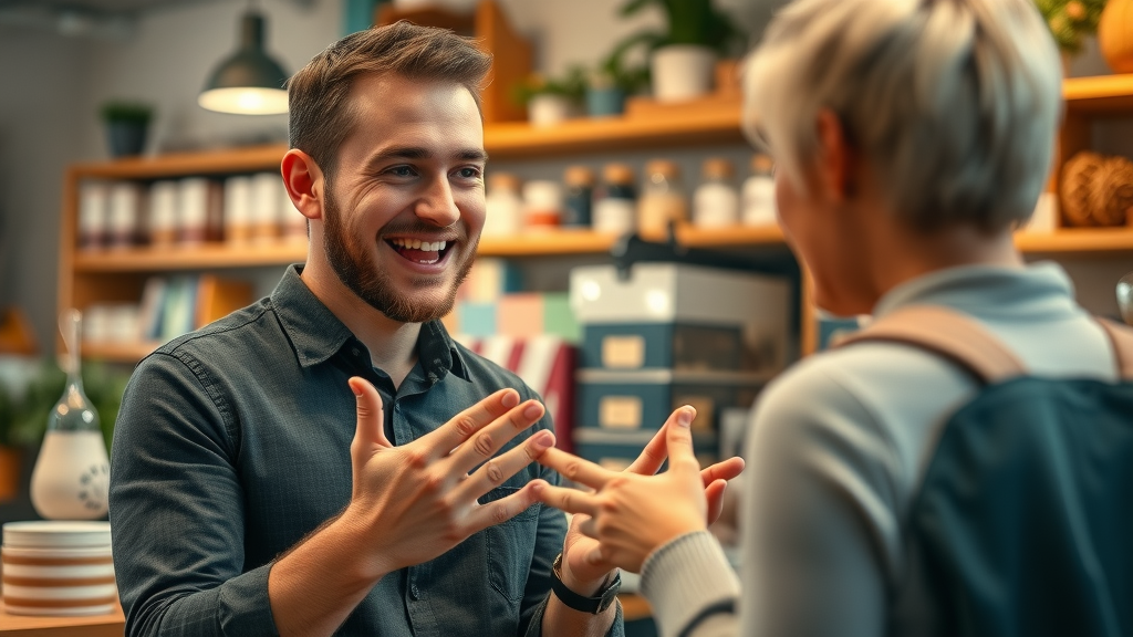 Small Business Owner Branding - Business owner warmly sharing their business story with a customer in a cozy branded shop