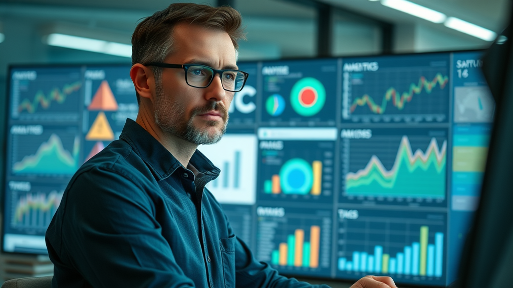 insightful marketer analyzing target audience data for effective content marketing tips using digital analytics dashboards
