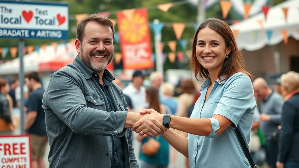 Small Business Branding Partnership - Owners shaking hands at a lively community event collaborating on branding