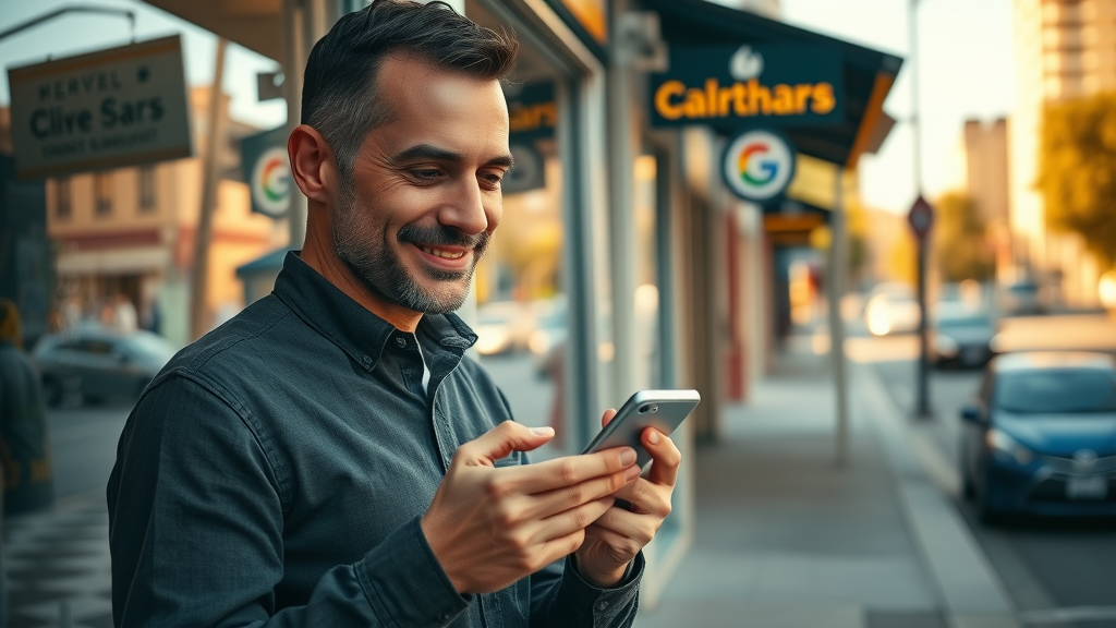 motivated shop owner, Google Maps on phone, checking local SEO results