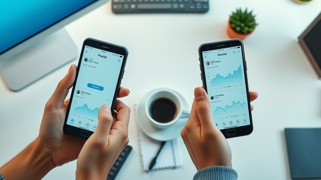 Email marketing Raleigh ROI comparison: email vs social media apps on phones, analytic graphs, Raleigh business desk