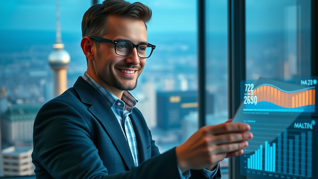 Digital marketer reviewing pay-per-click advertising success metrics and ROI analytics dashboard.