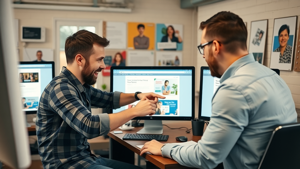 Dynamic Raleigh web designer and writer collaborating to optimize PPC landing page and ad copy in a creative agency studio.