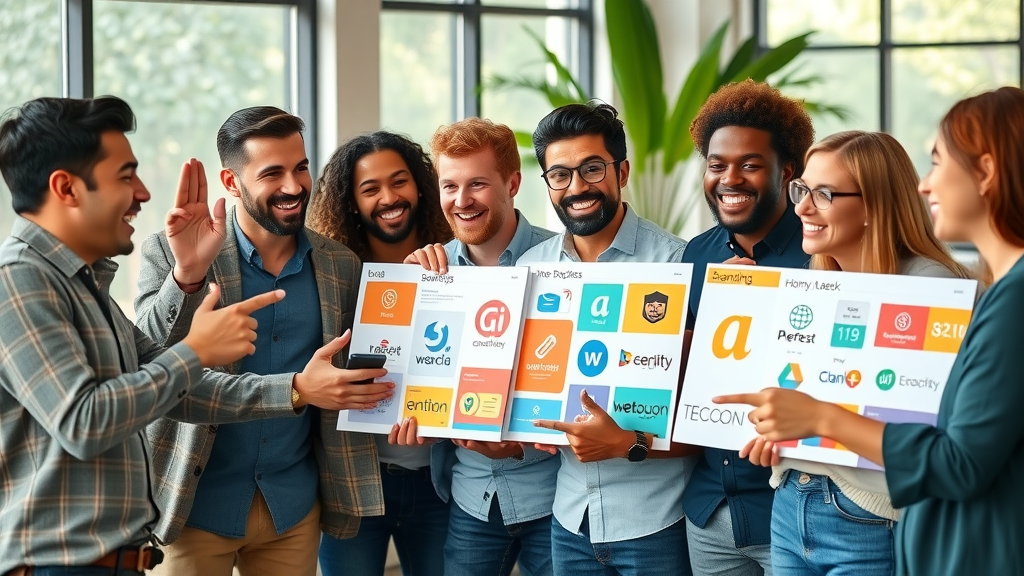 Small Business Branding - Diverse entrepreneurs reviewing branding materials, lively mood boards, and logo designs in a modern workspace