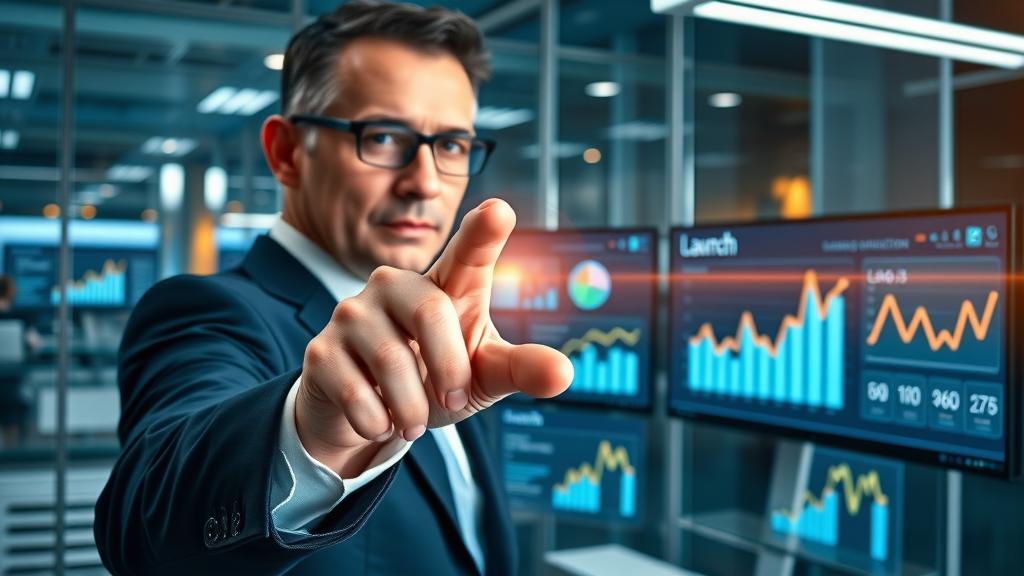 business leader launching a campaign on digital marketing dashboard taking decisive action