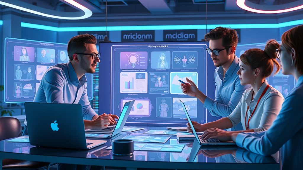 innovative marketing team planning a storyboard for video content strategy with holographic screens and digital sketches