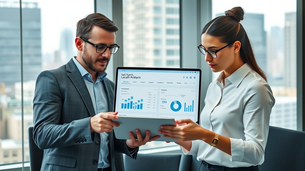 business professionals reviewing local search analytics rankings