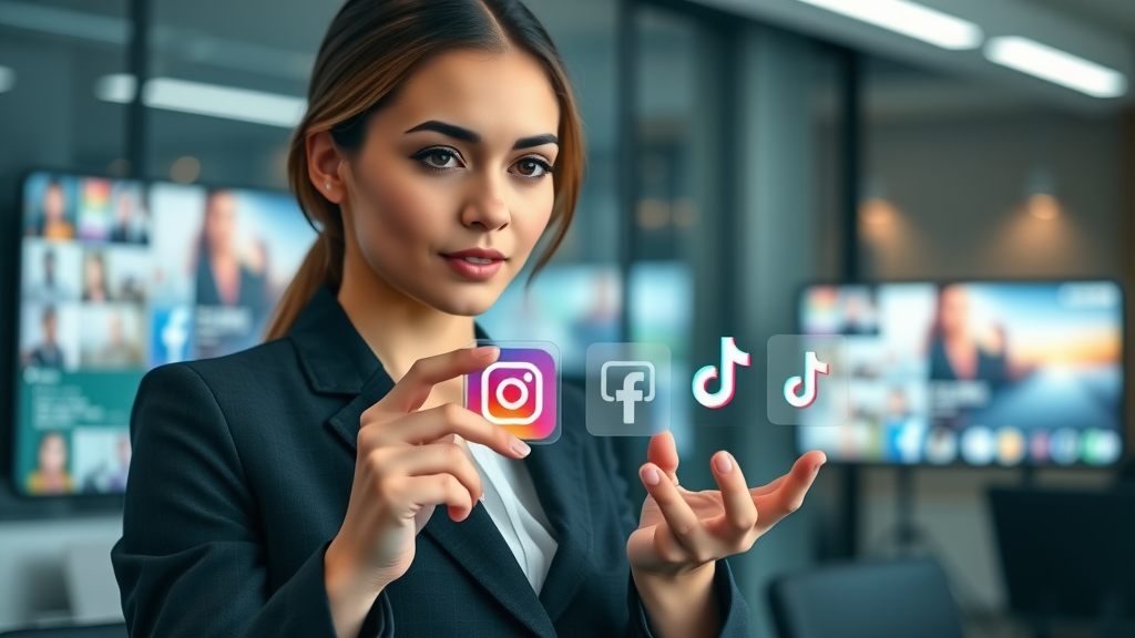businesswoman selecting social media platform icons like Facebook, Instagram, TikTok on digital screen