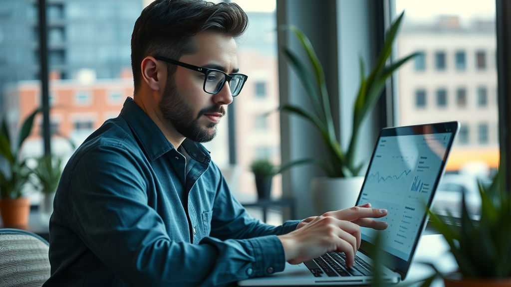 Modern digital marketing strategist analyzing Google Ads dashboard for Raleigh PPC in a tech-savvy workspace with Raleigh city elements.