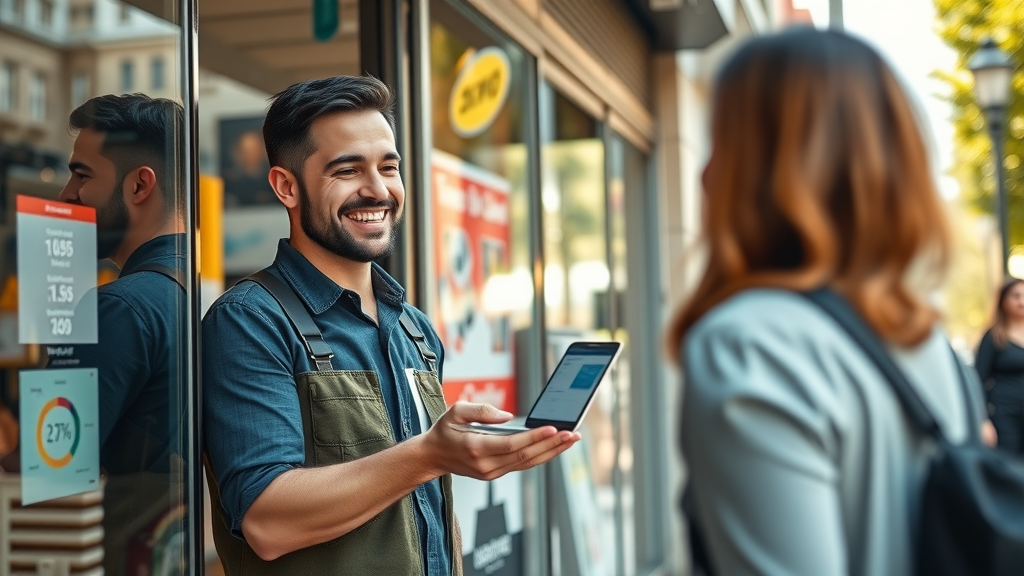 Digital Marketing for Small Business - Vibrant small business storefront with digital analytics devices and engaging owner