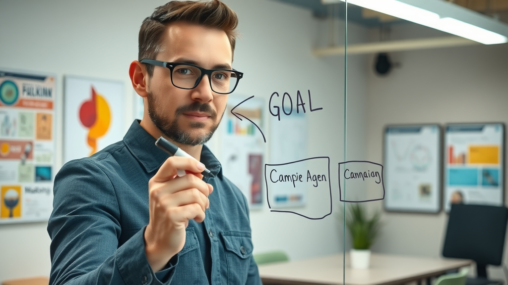 marketing manager outlining social media marketing strategy campaign goals on glass board in creative office