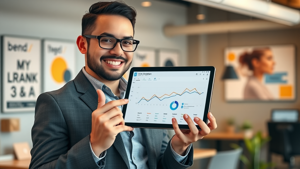 Small Business Owner Brand Analytics - Confident business owner reviewing brand analytics dashboard and branding posters