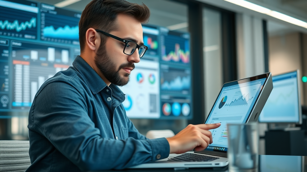 Professional marketer analyzing PPC campaign data, focused on reviewing charts and graphs for pay-per-click advertising results.
