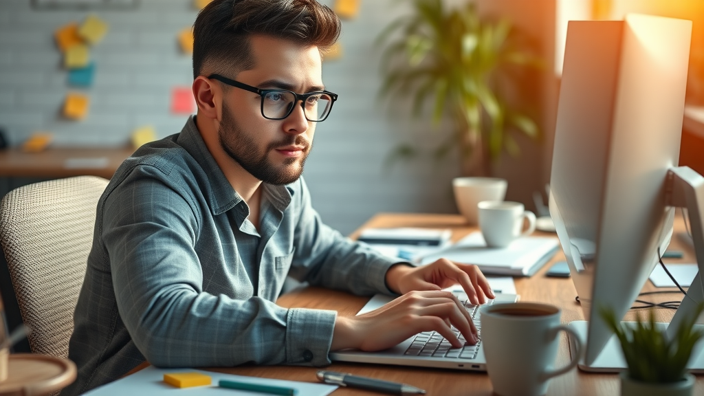 Confident PPC copywriter creating high-converting pay-per-click advertising copy at a modern workspace.