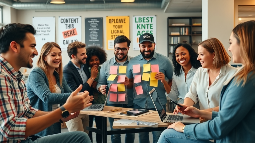 content marketing strategy brainstorming diverse team collaborating on blog calendar