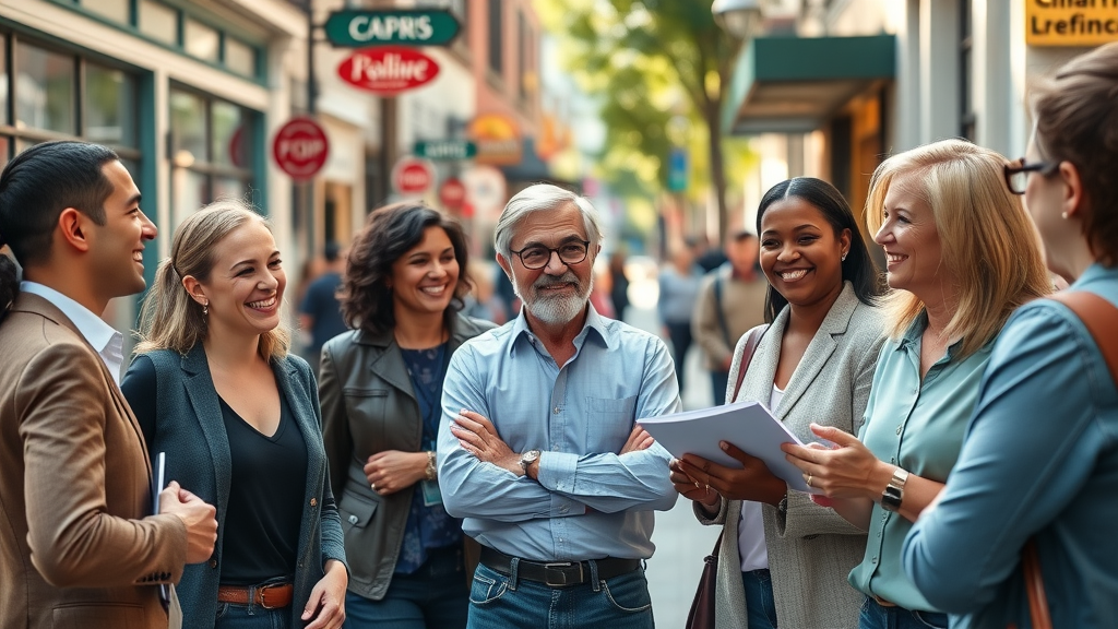 how digital marketing works in Raleigh - local business owners in downtown Raleigh discuss strategies, storefront signs visible, urban life