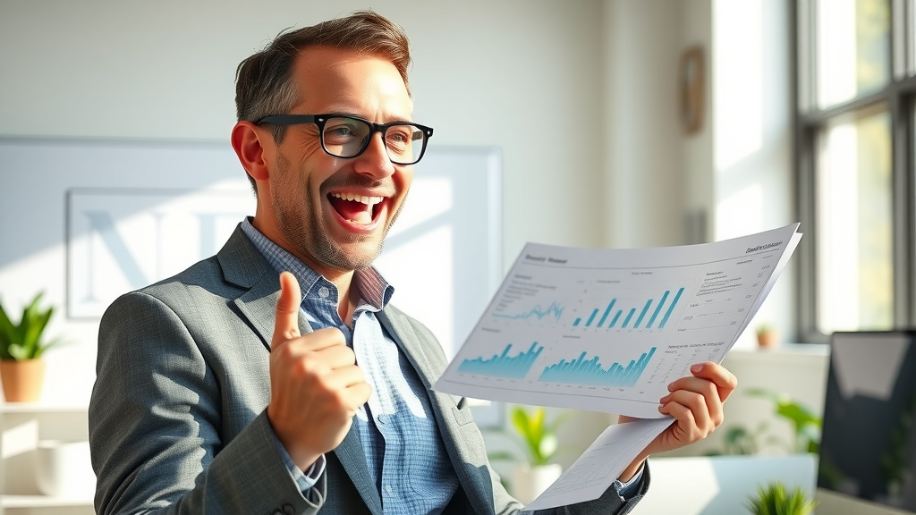 Successful Raleigh business owner reviewing improved PPC analytics and sales graphs in a bright modern office.