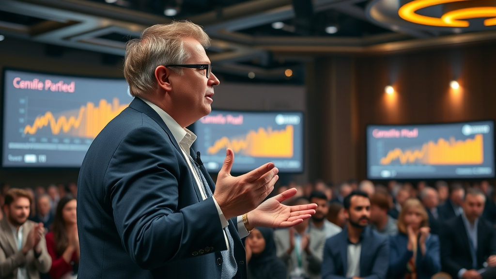 confident industry leader presenting thought leadership insights on stage with audience applause in a conference hall