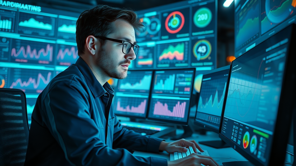 analyst tracking social media marketing analytics and kpi dashboards on computer in futuristic neon-lit control room