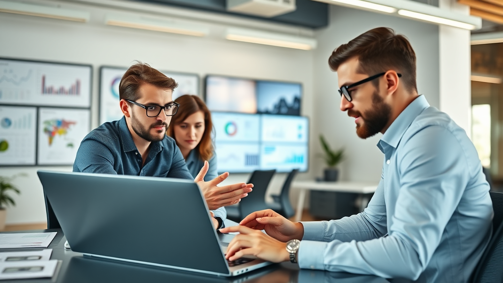 modern digital marketing team collaborating over laptops and digital dashboards discussing analytics with a focus on digital marketing tools efficiency