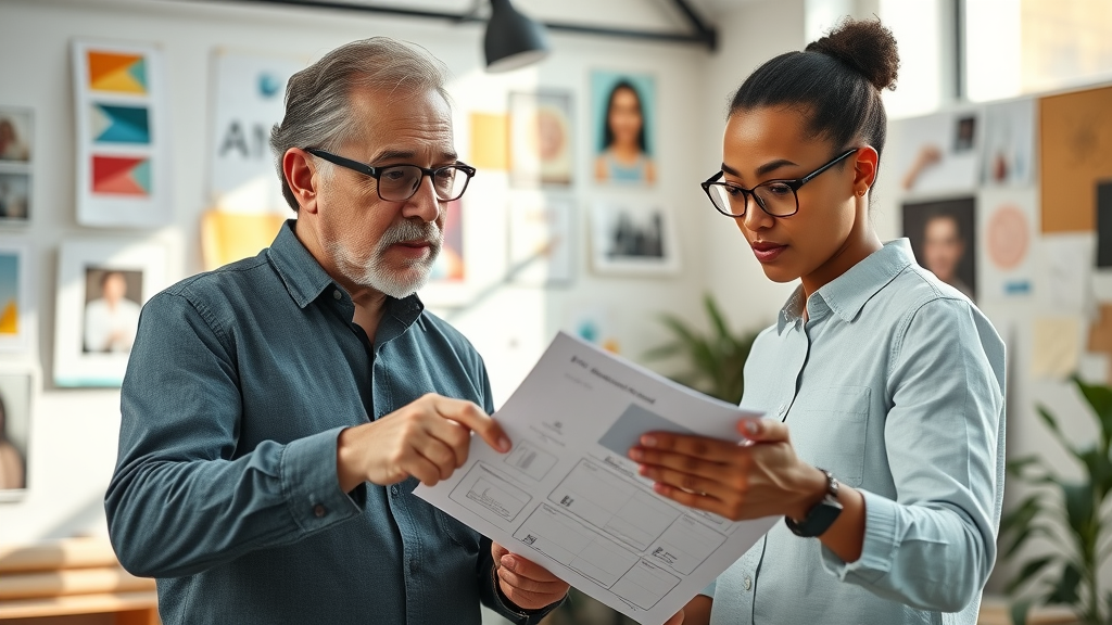 Business Branding Coach - Coach advising entrepreneur on branding strategies in a creative studio