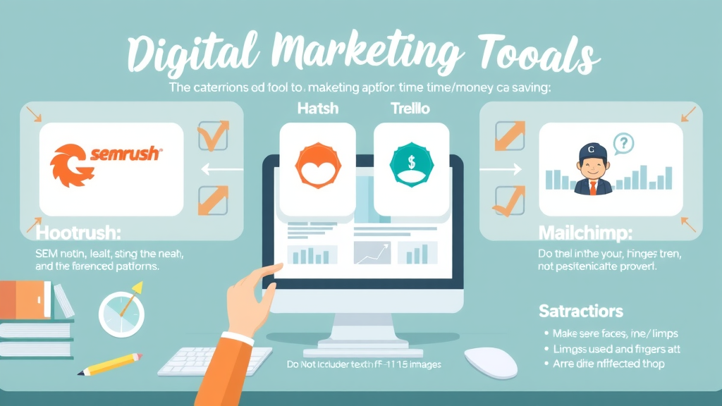 infographic displaying digital marketing tool categories like SEMrush, Hootsuite, Trello, Mailchimp with icons and time/money savings