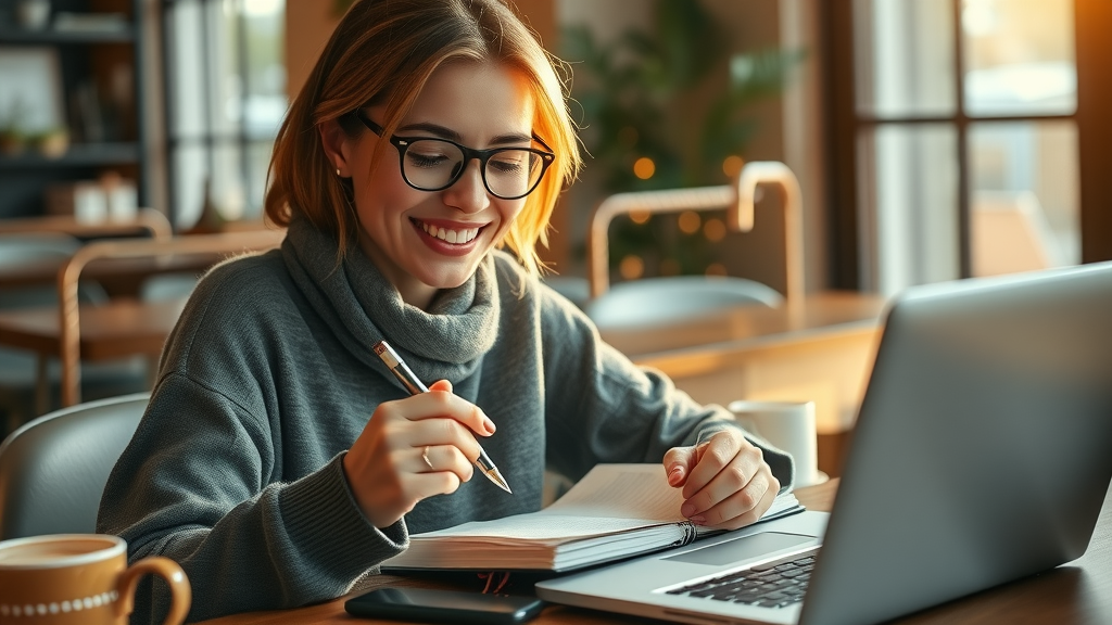 blogger crafting eye-catching blog headlines for content marketing strategies at a cozy café with natural light