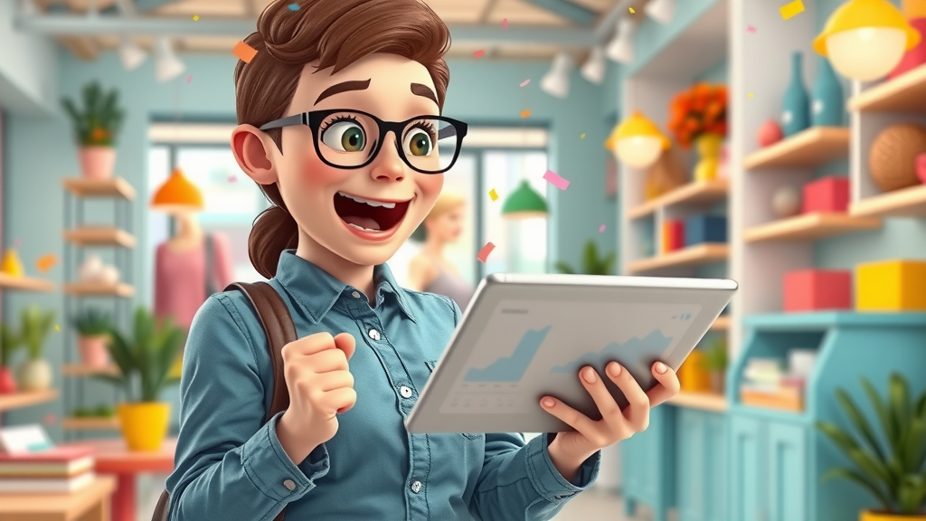 small business owner celebrating successful social media marketing, checking analytics on tablet in colorful boutique