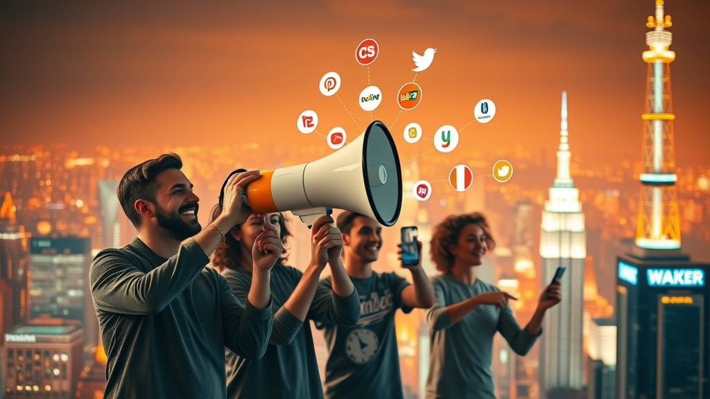 marketing team amplifying brand message with megaphone and digital icons in futuristic digital cityscape