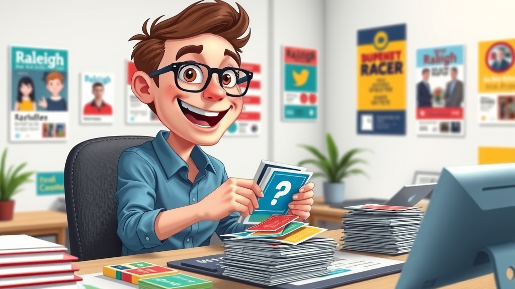 Email marketing Raleigh: marketer sorts segmentation cards at desk, Raleigh event posters, vibrant organization